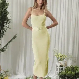Dresses | Lemon Drop Knit Belted Midi Sweater Dress With Spaghetti Straps  And Side Split | Poshmark